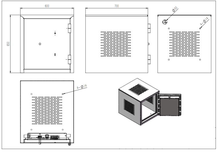 Original JSH COM65 technical drawing showing cabinet dimensions and ventilation